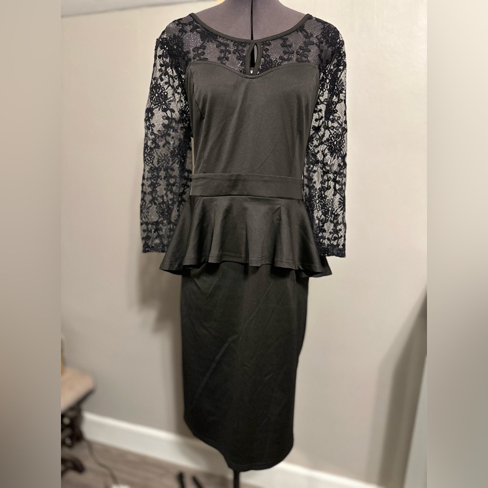 Women’s Black Long Sleeve Peplum Waist Dress